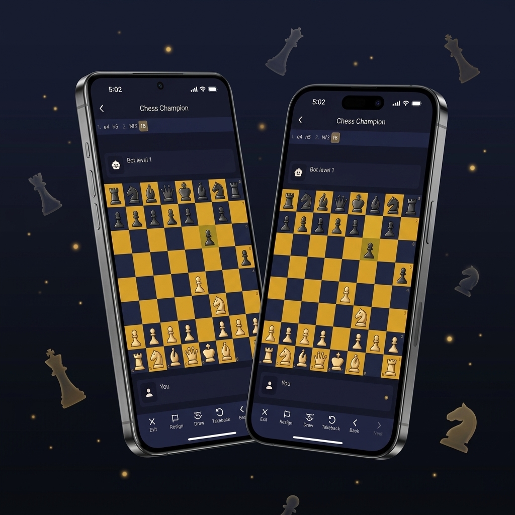 Chess Champion app showing a game in progress on two smartphones