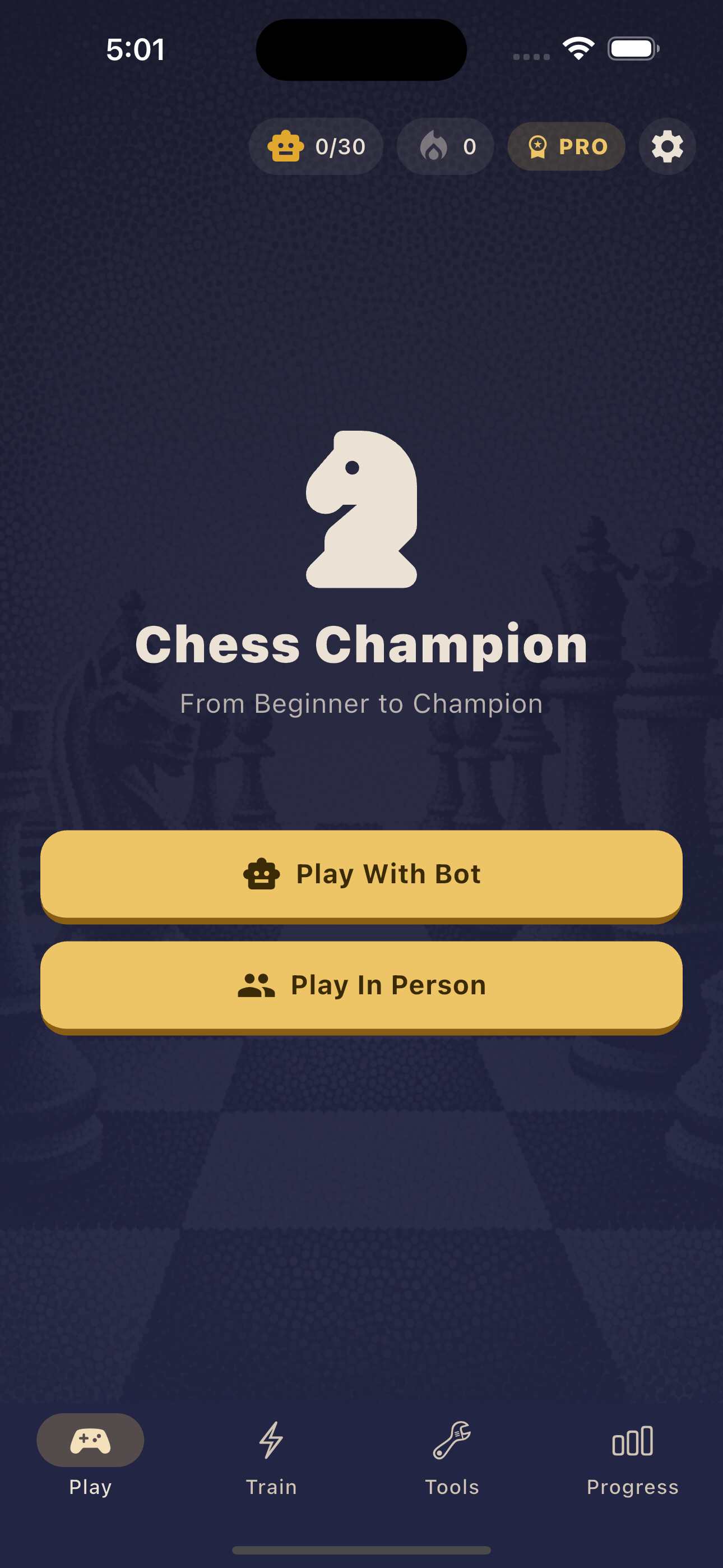 Chess Champion home screen showing Play and Learn sections
