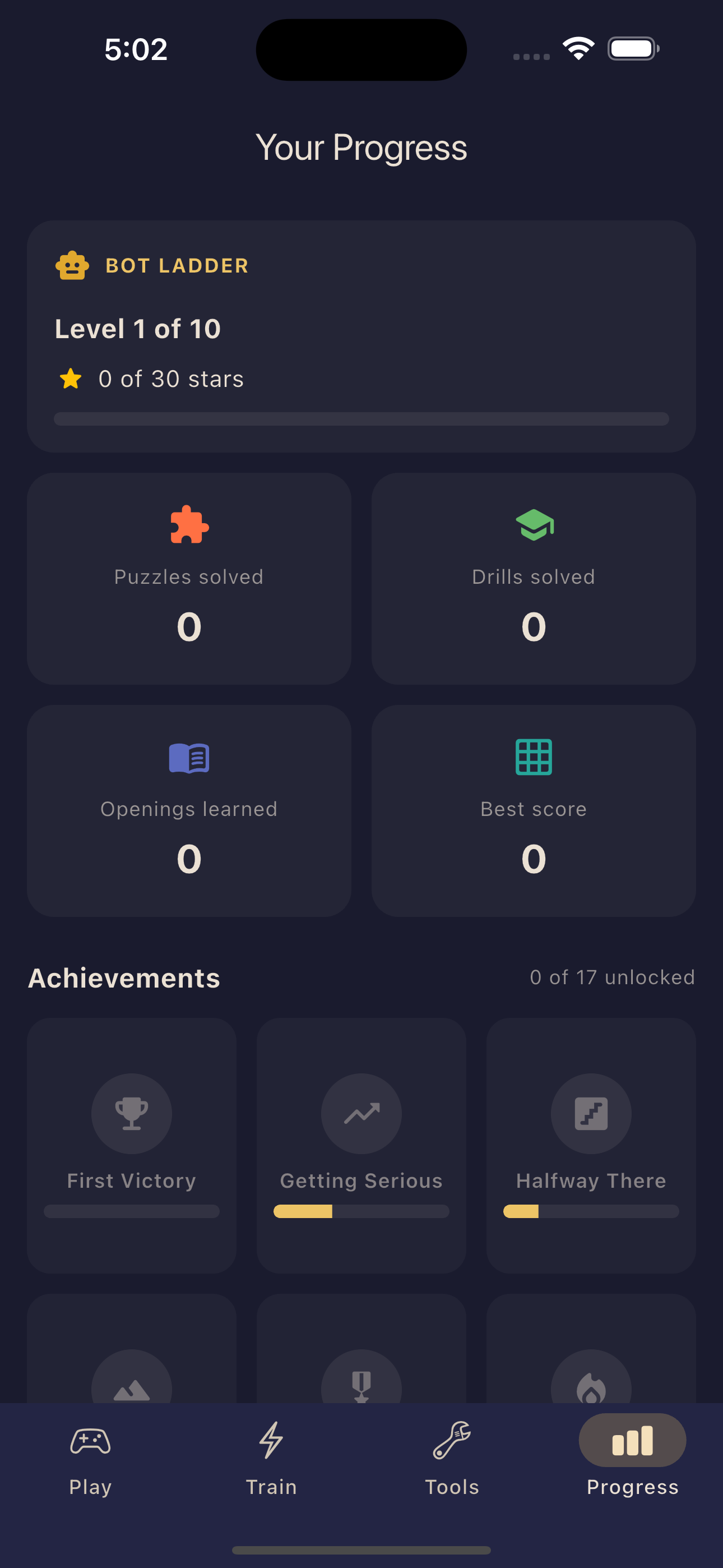 Progress hub showing ladder, streaks, and achievements